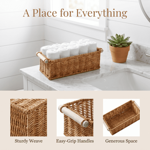 Imitation Rattan Woven Storage Basket Toilet Tank Topper Bins Bathroom Storage Baskets Long Narrow Organizer Decorative for Organizing for Vanity Bar Coffee Table