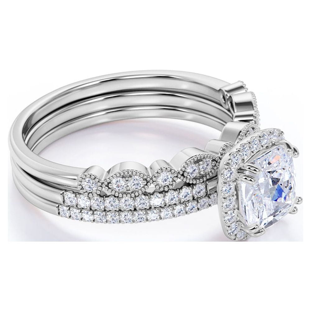 JeenMata Art Deco 1.75 carat Moissanite Wedding Trio Ring Set with Engagement Ring and 2 Wedding Bands in 18k Gold Plating for Women