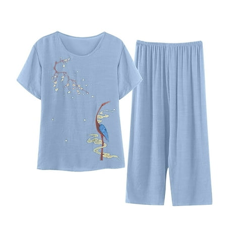 

Summer Savings HJCOMMED Women s Summer 2 Piece Outfits Women Casual Floral Printed Round Neck Short Sleeve Top And Loose Elasticated Long Wide Leg Trousers Set Home Wear Pajamas Lightlue