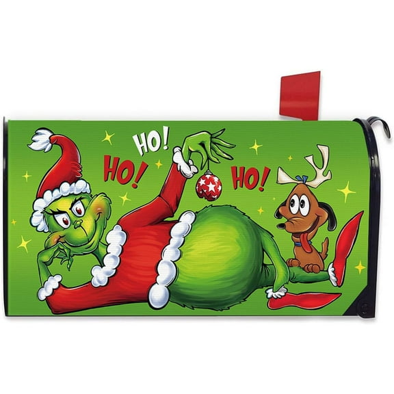 Christmas Mailbox Cover Magnetic Standard Size 21"x19", Green Xmas Max Dog Hohoho Decorative Post Letter Box Decor, Funny Holiday Garden Outdoor Decoration