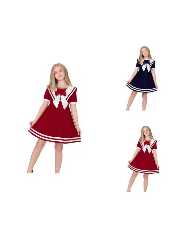 Girls Nautical Sailor Dress, Short Sleeve Lightweight Summer Dresses for School, Casual Gowns with Sailor Collar, Toddler Kids Baby 2-14 Years