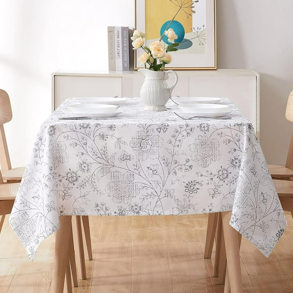 Floral Rectangle Tablecloth Water Resistant Leaf Print Farmhouse Oblong Tablecloth Heavy Duty Fabric Table Cloth for Kitchen Dining Decoration,Grey on White,60" Wx84 L
