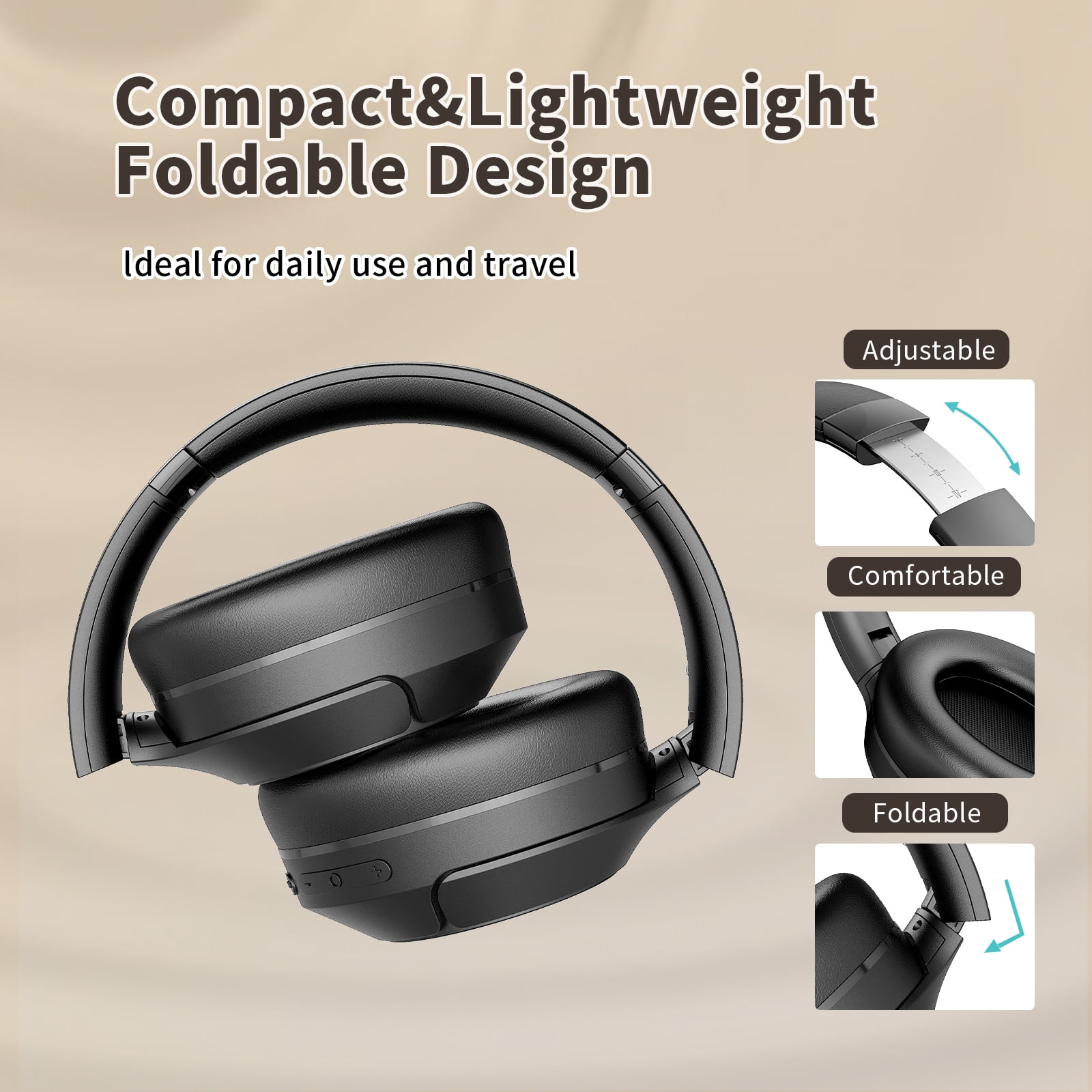 KVIDIO Active Noise Cancelling Headphones with Microphone, Deep Bass, 70H Running Time - Black