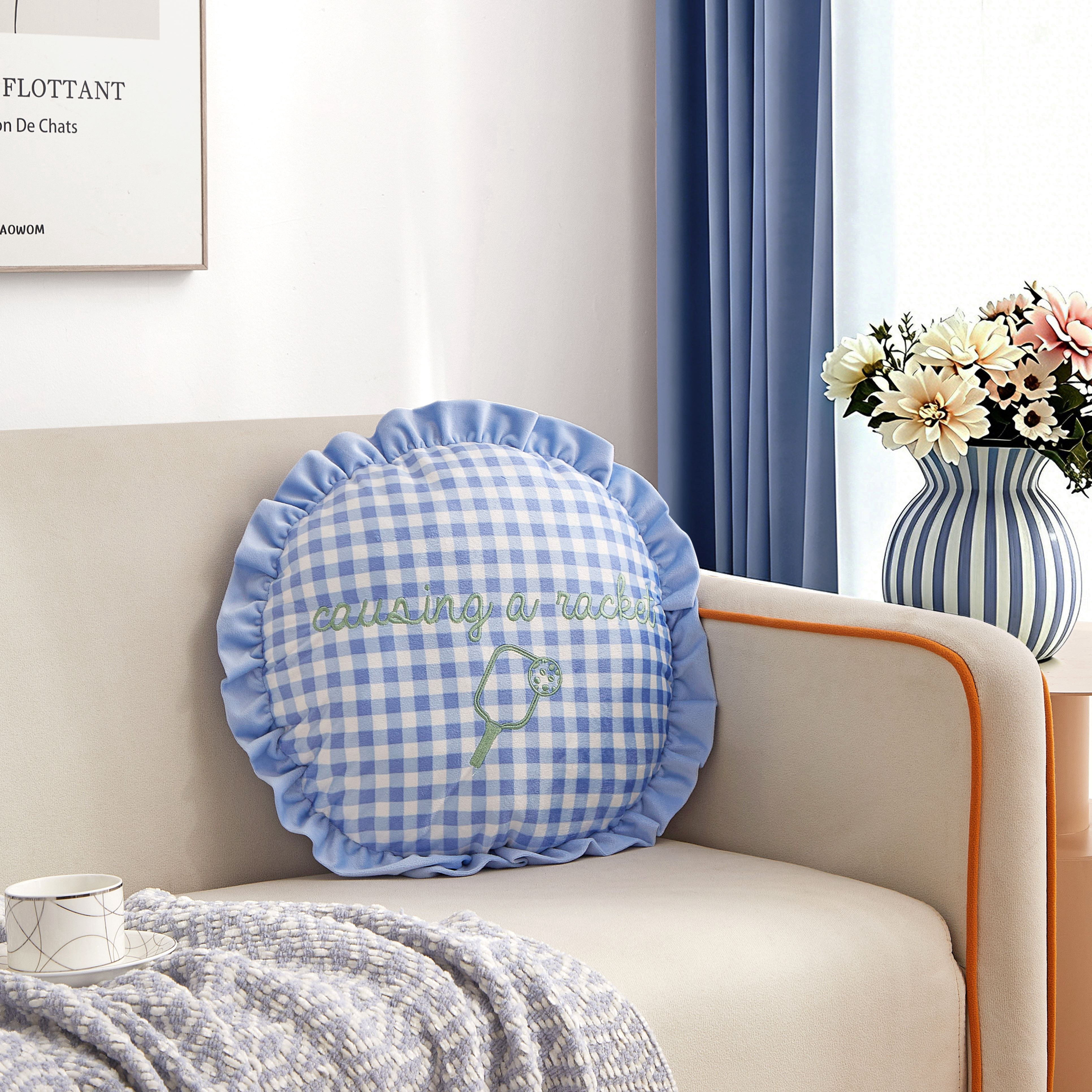 Urban Shop Petals & Pearls 16" Round Gingham Embroidered Decorative Throw Pillow, Blue