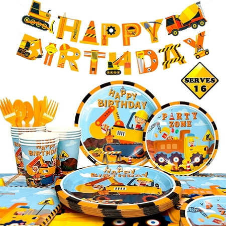 128Pcs Construction Party Supplies Tableware Set Included Construction Birthday Party Plates,Cups,Napkins,Knife Fork Spoon And Tablecloth