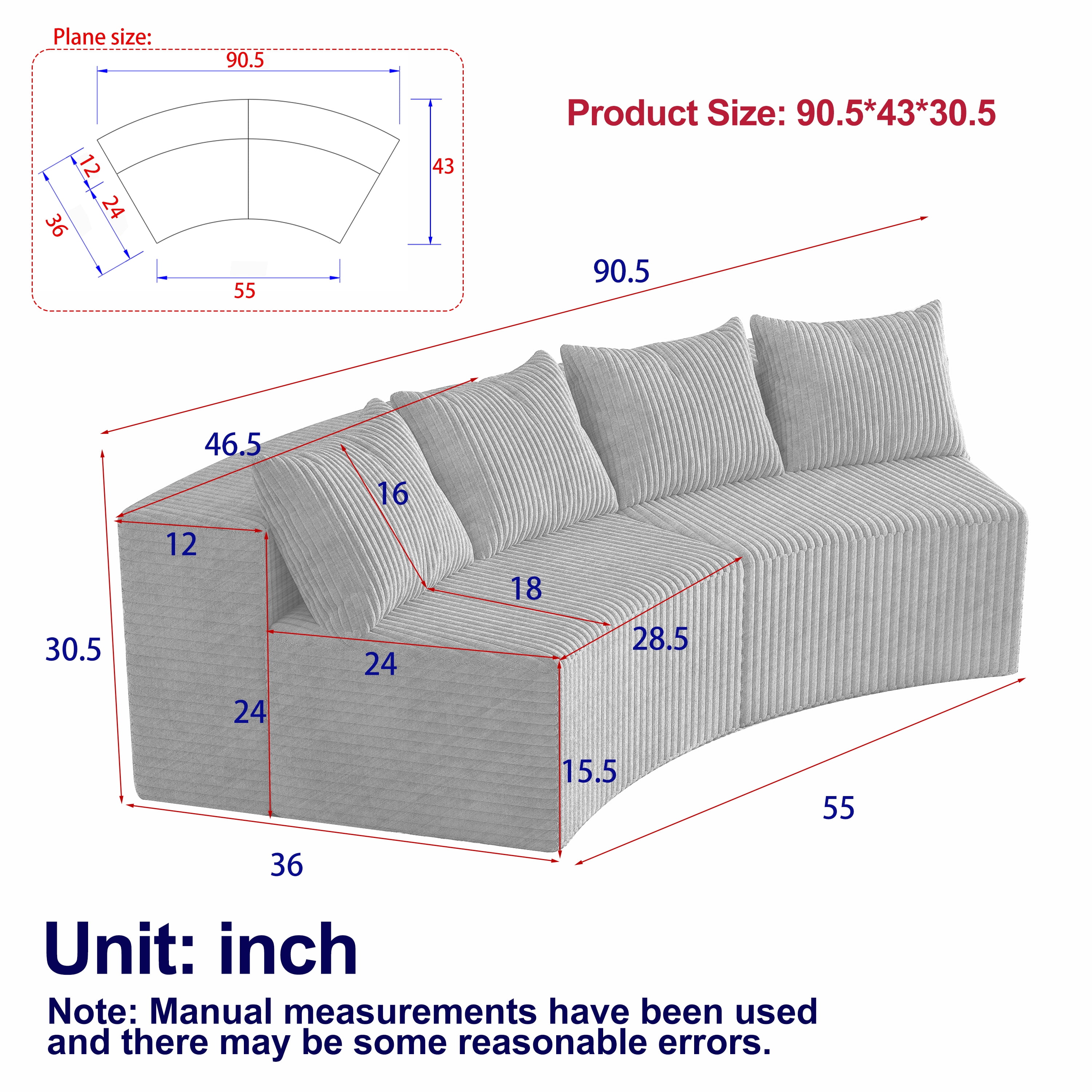 MAYEERTY Corduroy curved sectional sofa with four pillows,Curved Symmetrical Modular Semi Circular Sofa Sectional for bedroom, living room
