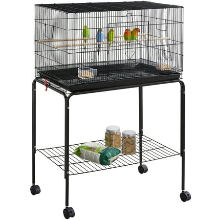 Alden Design 47" Metal Bird Cage with Slide-Out Tray and Rolling Stand, Black