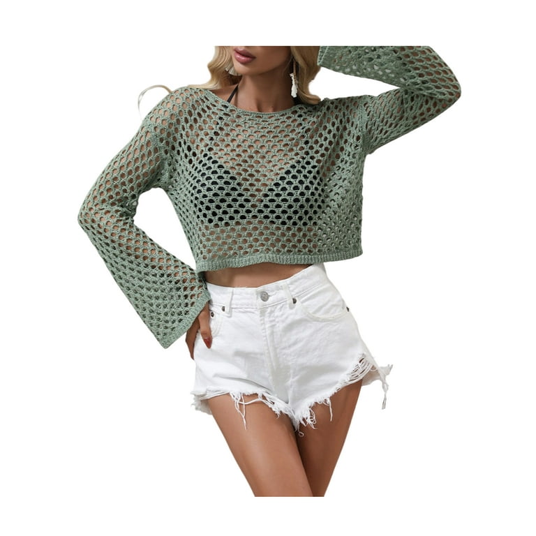 Women Crochet Tops Long Sleeve Hollow Out Crewneck Crochet Women Crochet Tops Long Sleeve Hollow Out Crewneck Crochet