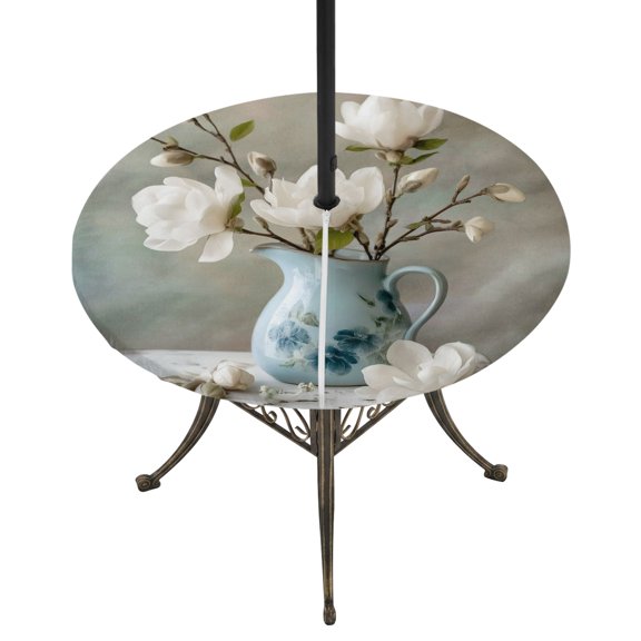 Round Outdoor Tablecloth with Umbrella Hole and Zipper, Rustic Floral Tablecloth with Elastic Waterproof, White Magnolia Flowers Farmhouse Bottle Branch Patio Table Covers for 55" - 60" Pool Tables