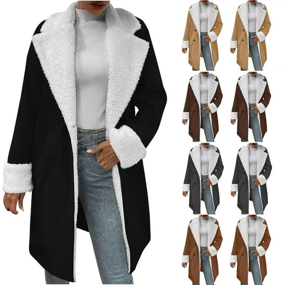 Juebong Long Faux Suede Jacket Women Oversized Shearling Fleece Winter Coats Baggy Lapel Button Warm Jackets Outwear Black,S