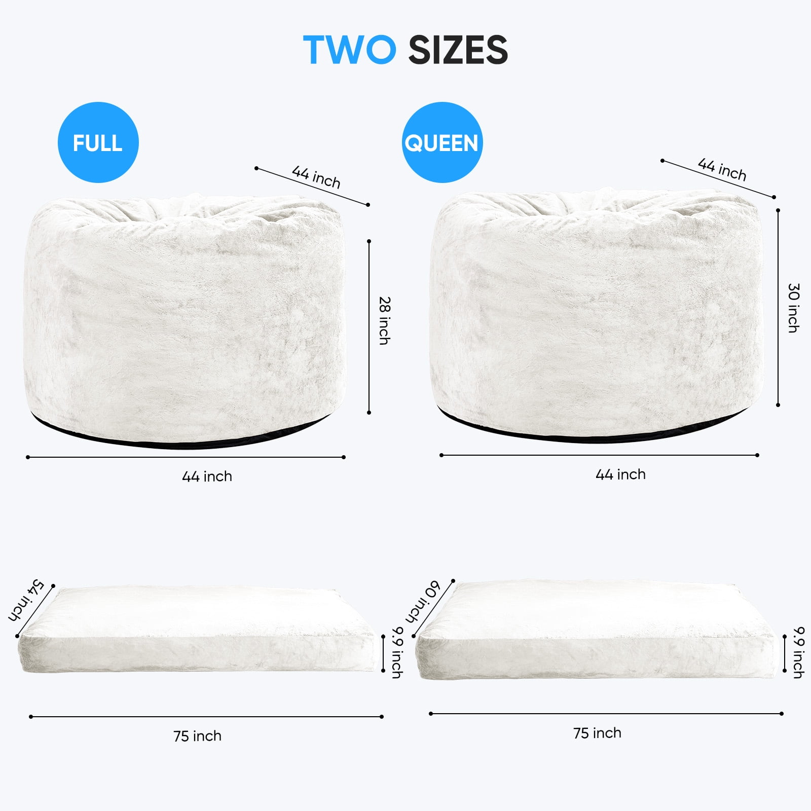 BALUS Convertible 2-in-1 Bean Bag Chair & Bed with Removable Velvet Covers, Memory Foam Giant Bean Bag for Apartment, White