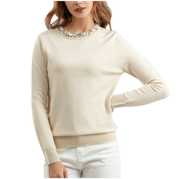 Sweaters for Women Beaded Pullover Sweater Womens Round Neck Long Sleeve Knitwear Loose Bottom Blouse Blouses for Women