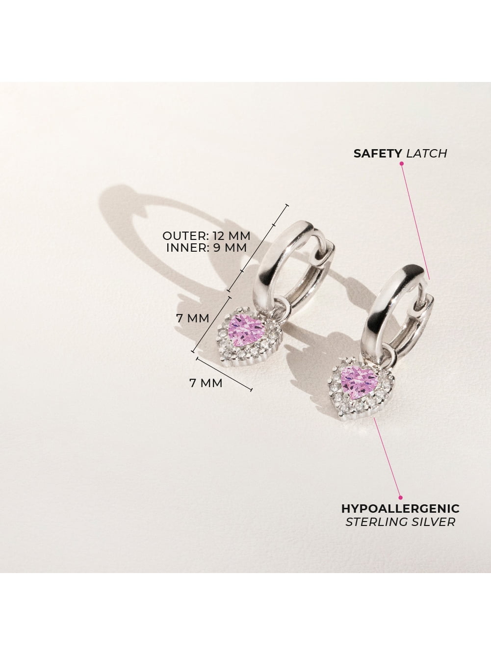 925 Sterling Silver Clear & Pink CZ Heart Dangle Hoop Earrings for Little Girls