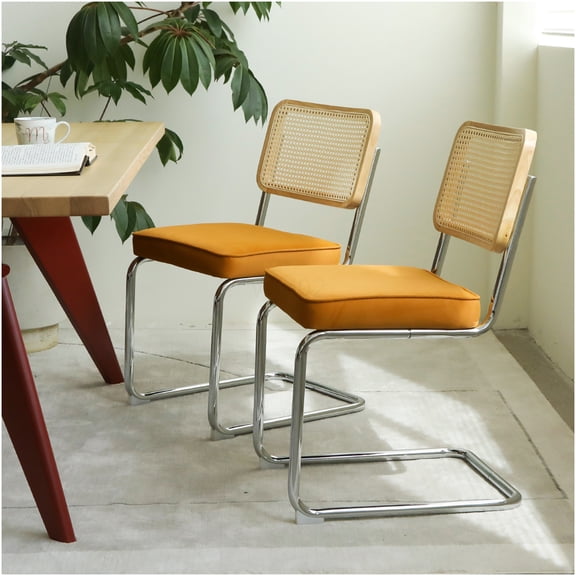 Mid Century Modern Velvet Dining Chairs Set of 2, Orange Upholstered Side Chairs with Rattan Back and Chrome Metal Legs for Kitchen Living Room