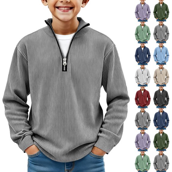 Fshiont Boys Half Zip Pullover Mock Neck Ribbed Sweatshirts Outdoor Quarter Zip Up Long Sleeve Shirt Winter Clothes 3-14Y Light Gray 3-4Y