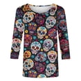 thumbnail image 5 of IUYRTFE Women's Day of the Dead Sugar Skull Print Crew Neck 3/4 Sleeve T-Shirt Loose Fit Casual Fall Top, 5 of 5