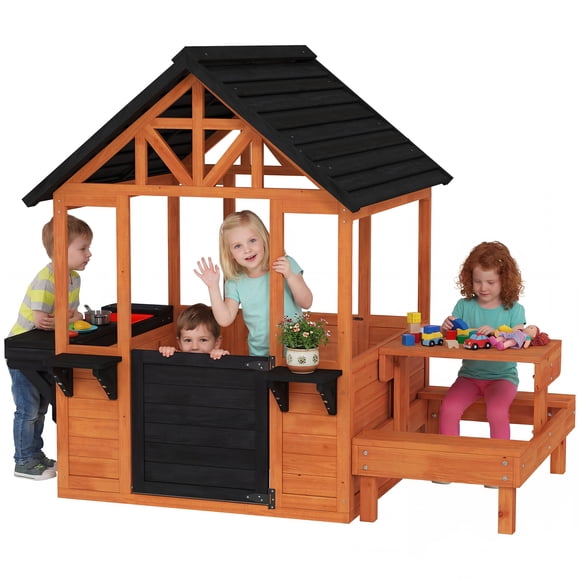 Qaba Outdoor Wooden Playhouse for Kids with Table and Benches for Ages 3-8