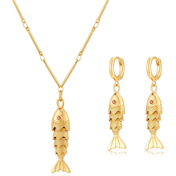 Gold Fish Dangle Necklace and earrings for Women Trendy Fish Drop Necklace Beach Dainty Hypoallergenic Jewelry