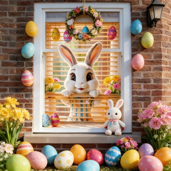 Easter Door Cover Streamer with Bunny Design, Spring Front Door Decoration Banner for Home Party, Window or Entryway Decor, Polyester Holiday Streamer 31.5 x 47.2 in