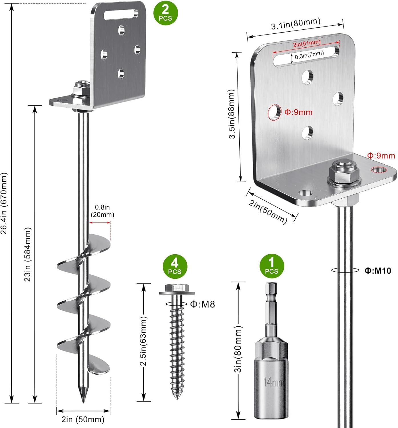 ThrottleT-2/4/6 Pack 18" 24" Ground Anchors Screw in Shed Anchor with L Bracket Trampoline Anchor Spiral Swingset Anchors for Swing Set, Mobile Home, Fence, Playset, Tent, Canopy, Carport