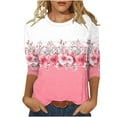thumbnail image 4 of Tops for Women Plus Size 3/4 Sleeve Pleats Floral Print Round Neck T-shirt Loose-fitting Blouses Tops Pink XXL, 4 of 6