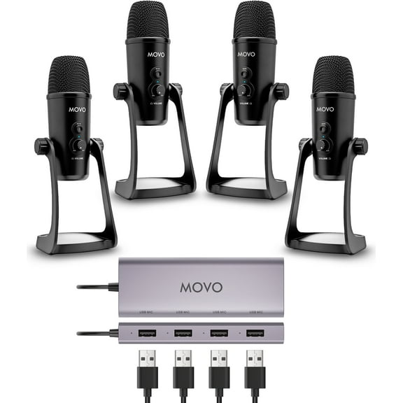 Movo USB Podcast Equipment Bundle for 4 – USB Interface with 4 UM700 Condenser Microphones – 4-Port Powered Hub for Streaming, Podcasting, Interviews