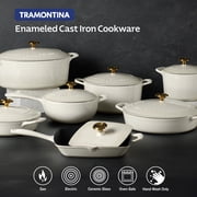 Tramontina Bestow 3-Quart Enameled Cast Iron Saucier with Lid, Latte with Gold Knob, Oven-Safe