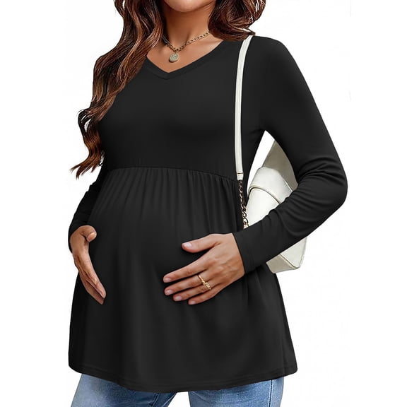 Weardear Maternity Tops Long Sleeve Pleated Waist Pregnancy Shirts V Neck Casual Pregnant Clothes Tunic Blouse for Women