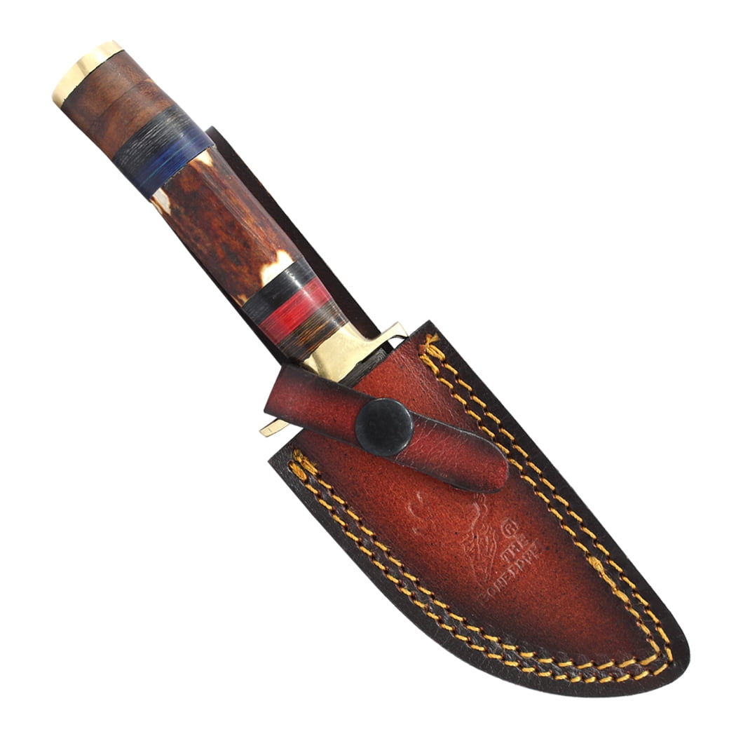 TheBoneEdge 8.25" Artificial Stage Handle Brass Bolster Damascus Blade Hunting Knife With Sheath