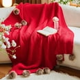 thumbnail image 2 of HOMEZY-US Christmas Fur Pom Pom Knit Throw Blanket Super Soft Warm Cozy Cable Knitted Blanket for Sofa and Couch 51 x 63 Inch Red, 2 of 7