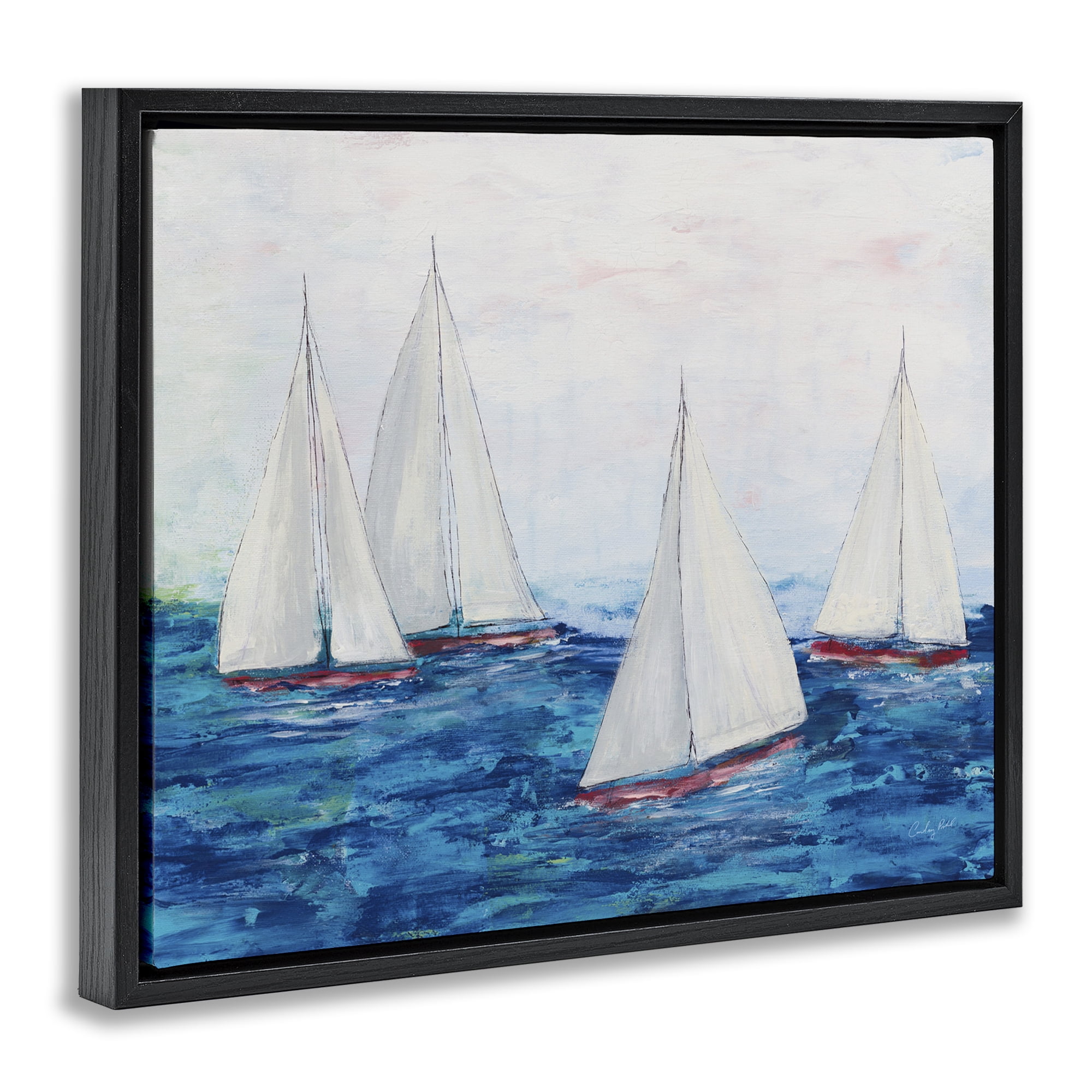 Stupell Industries Sailboat Fleet on Ocean Coastal Painting Black Floater Framed Canvas Art Print Wall Art, 21 x 17
