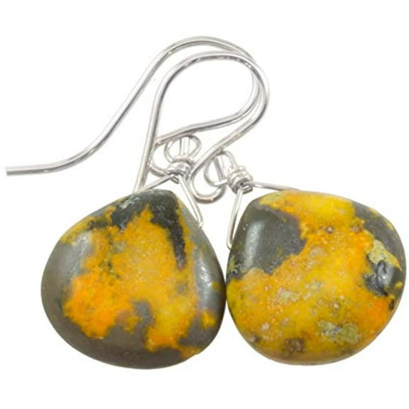 Sterling Silver Yellow Bumble Bee Jasper Earrings Smooth Heart Drops Dainty 1 Inch Teardrops Designed for Adult Women
