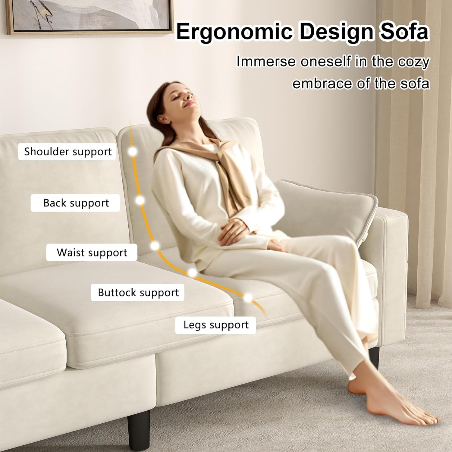 Kinbor Multi-Functional 3-Seater Sofa Chair, Modern Accent Chairs Comfy Living Room Chair with Cushions & Side Pocket, Beige
