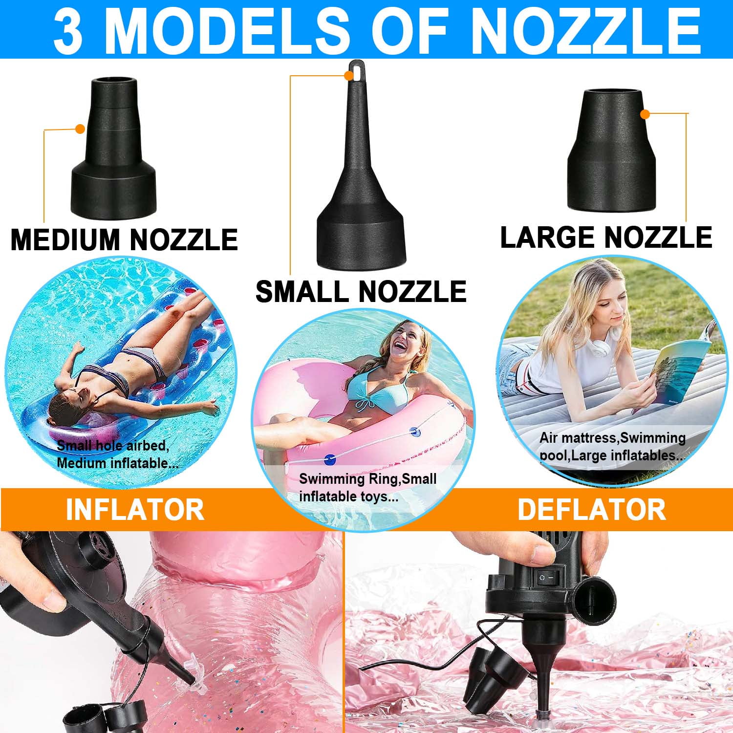 Electric Air Pump for Inflatables, Portable Air Mattress Pump with 3 Nozzles, 110V AC/12V DC Quick-Fill Electric Air Pump Inflator/Deflator for Pool Floats, Rafts, Air Beds & Toys