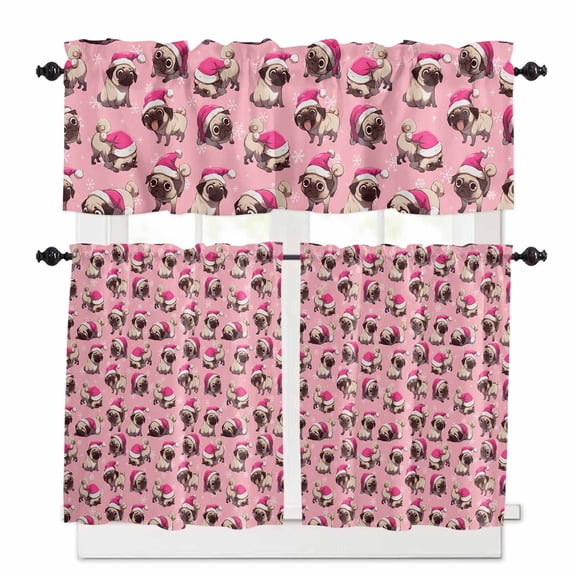 Bulldog Santa Hat Kitchen Curtains and Valances Set, Christmas Pink Rod Pocket Window Valance 18 Inch Window Curtain Panels for Living Room Bedroom Laundry, 27.5x36in, 3 Pieces