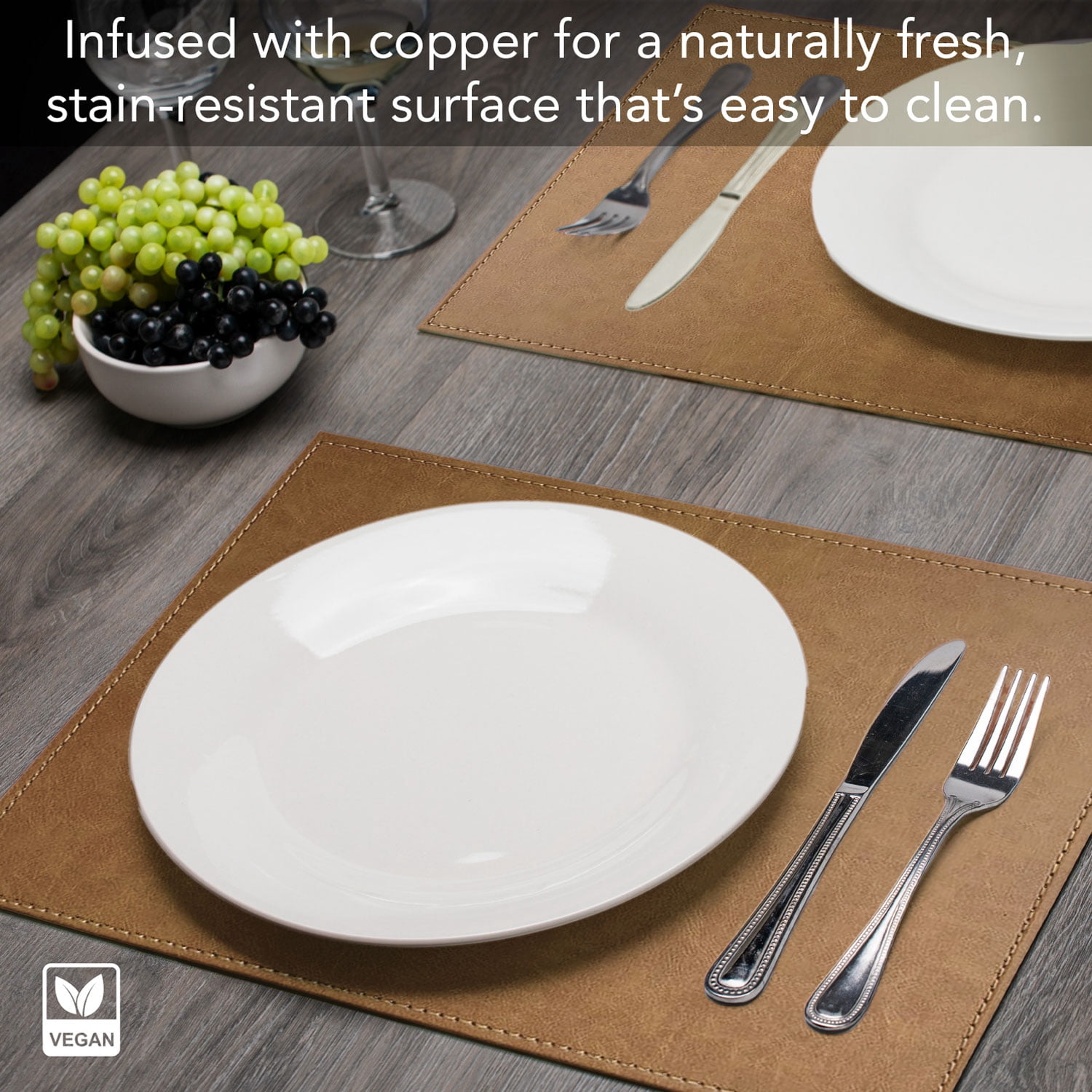 Luxurious Caramel Vegan Leather Placemats 4 Pack Look and Feel of Genuine Leather Infused with Copper