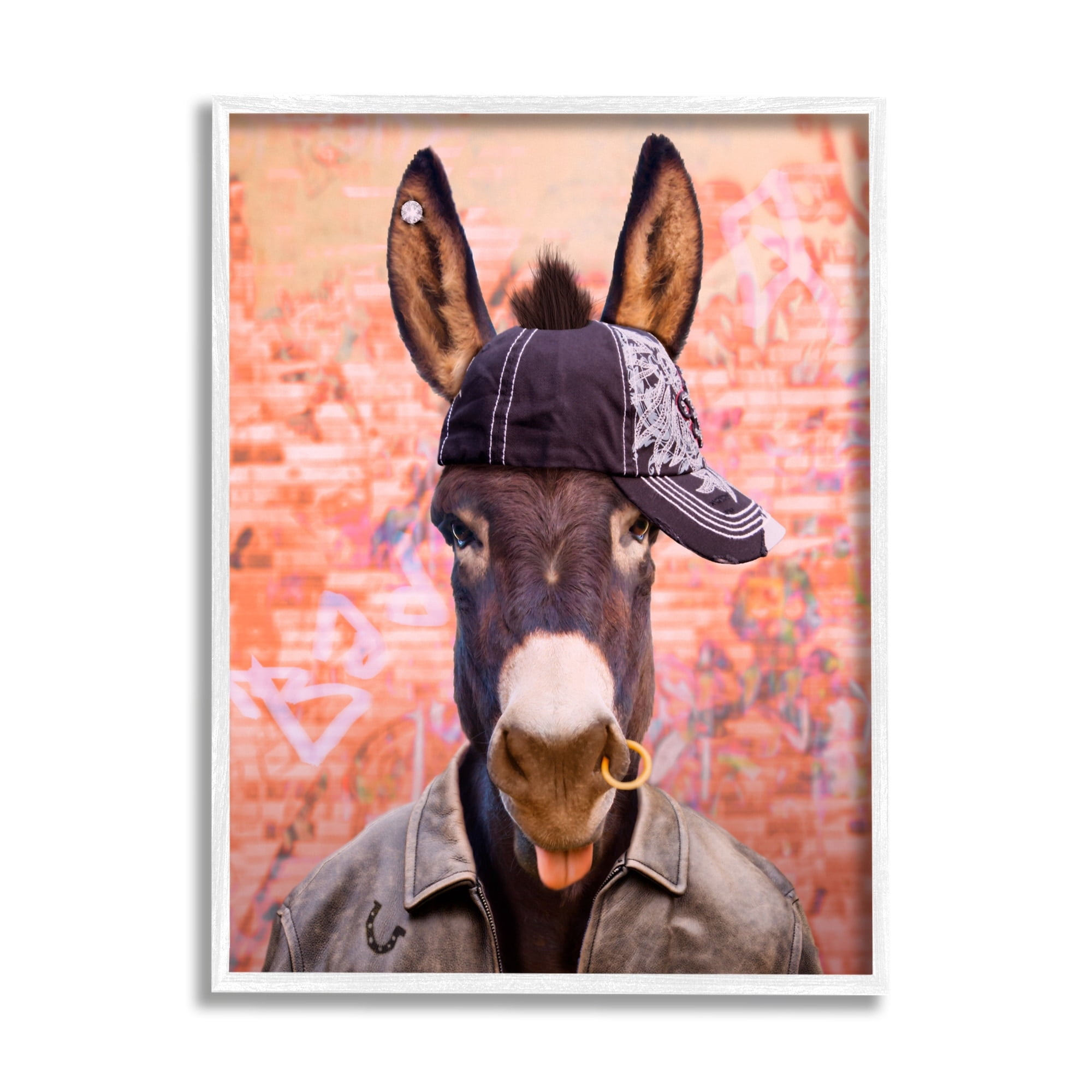 Stupell Industries Cool Trendy Donkey Wearing Hat Street Graffiti Graphic Art White Framed Art Print Wall Art, Design by Michael Quackenbush