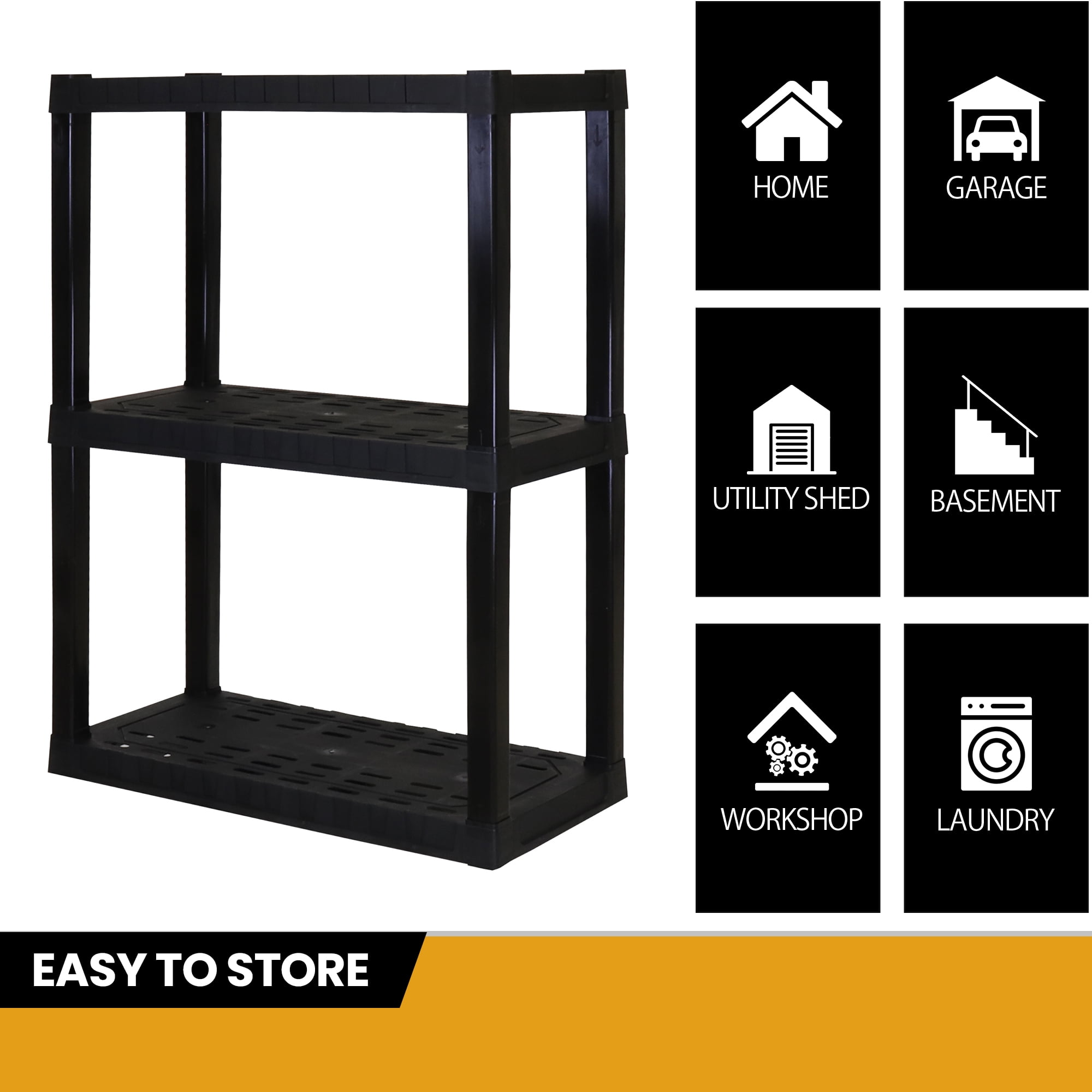 Hyper Tough plastic Storage Shelves Garage Shelving Unit 3-Tier 39"H x 30"W x 14"D, Black 300 lb Capacity