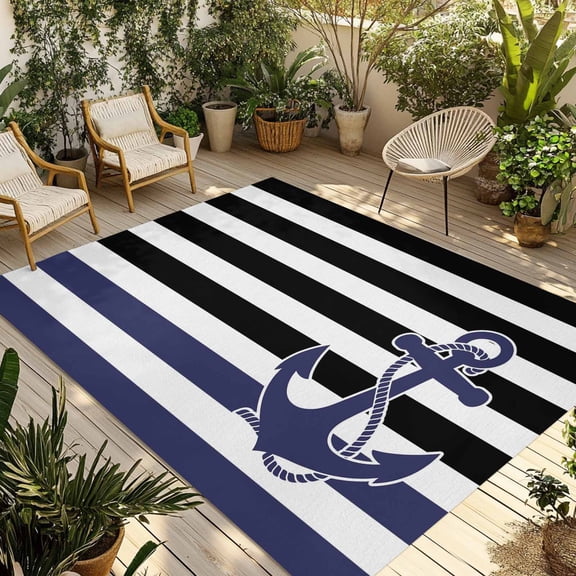 Nautical Anchor Outdoor Area Rug 3x5ft Decorative Indoor Outdoor Rug Navy Blue Black Patio Area Rug for Porch, Deck, Balcony, Entryway, Camping & RV