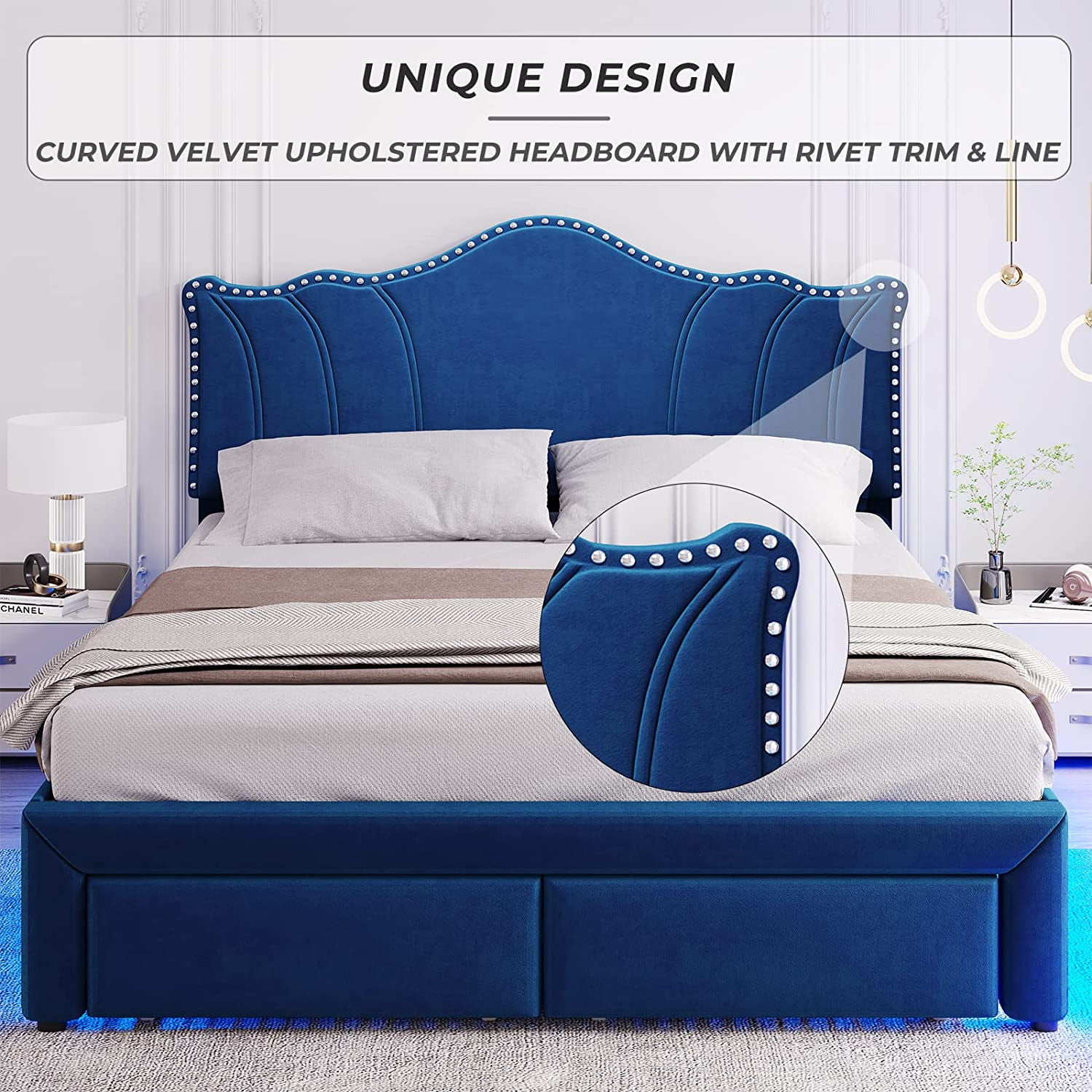 Queen LED Bed Frame with 2 Storage Drawers & Adjustable Headboard