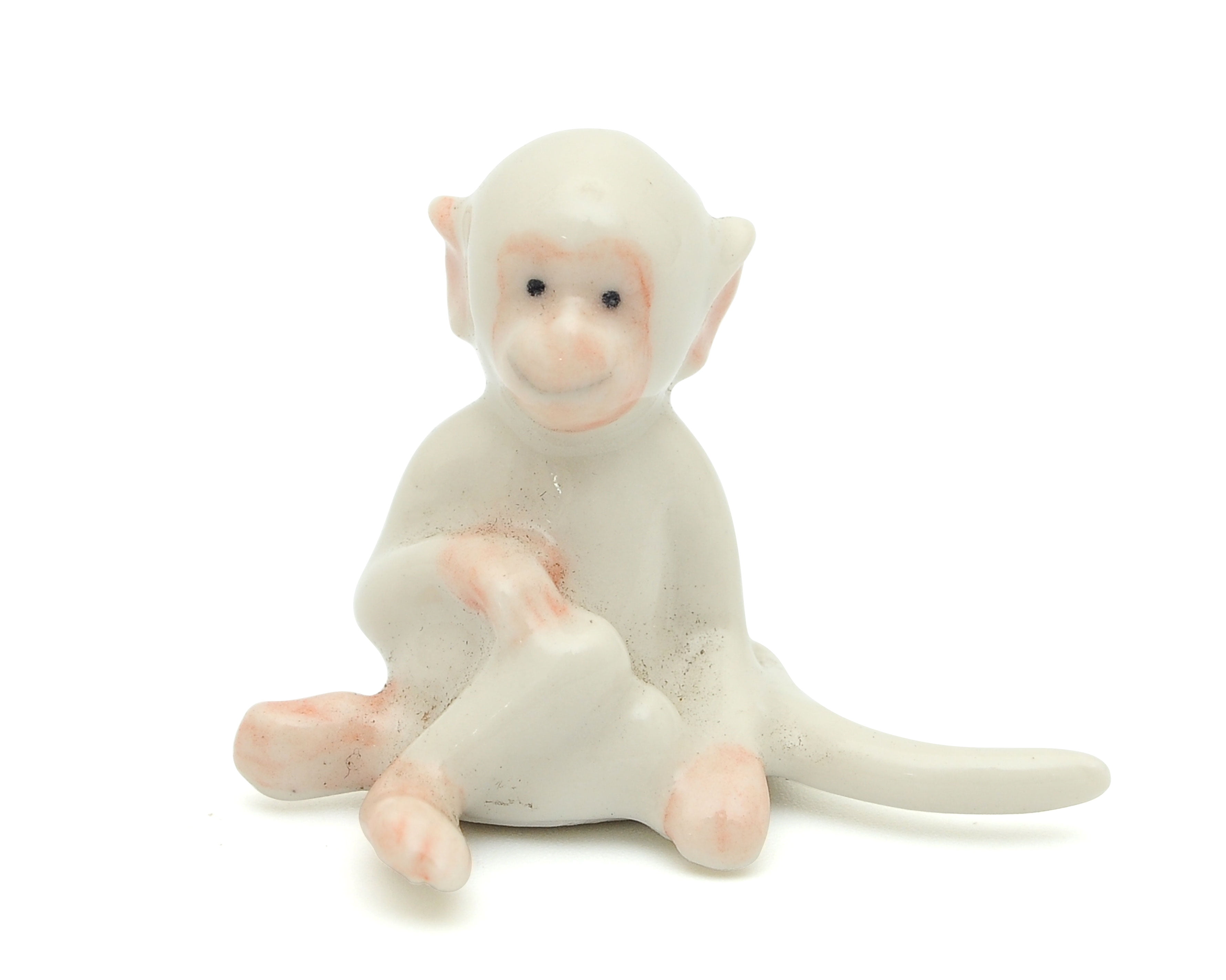 Handmade Miniatures Ceramic White Sitting Monkey Figurine Animals Decor