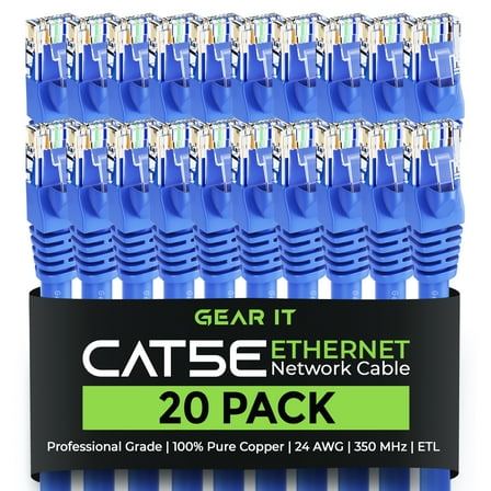 GearIT Cat5e Ethernet Cable 2 ft (20-Pack) - Cat5e Patch Cable, Cat 5e Patch Cable, Cat5e Cable, Cat 5e Cable, Cat 5e Ethernet Cable, Network Cable, Internet Cable - Blue 2 Feet