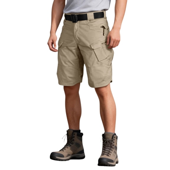 Zimjoy Men's Big and Tall Cargo Shorts Multi Pocket Velcro Tabs Knee-Length Shorts Tactical Elastic Back Waist Ripstop Waterproof Shorts, Khaki L