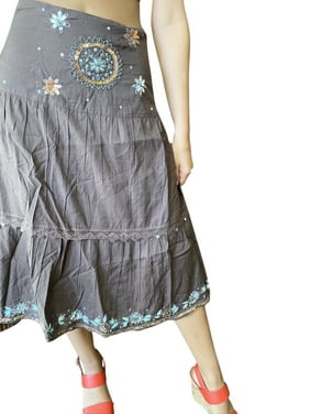 Mogul Women Maxi Long Skirt Black Embroidered Flared Bohemian Skirt, Handmade Gypsy Skirts ML
