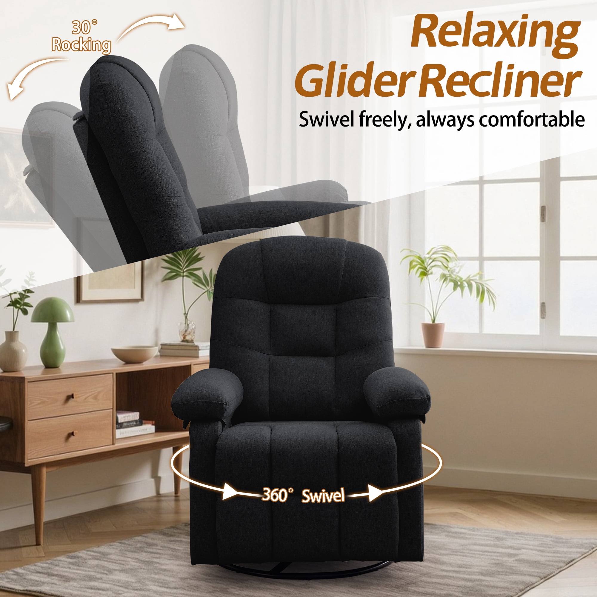 Korser Manual Swivel Rocker Recliner Chair for Living Room,Small Recliner Sofa for Small Spaces,Linen Fabric,Dark Black