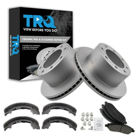 TRQ Rear Brake Pad & Rotor Kit Brake Pads Brake Rotor Parking Brake Shoe Set Ceramic Premium G-Coated Fits Select 2005-2007 Ford F-250 Super Duty F-350 Super Duty