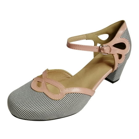 

Mary Style Retro Women Cutout Leather Low Stripe Strap Heel Shoe Sandalas