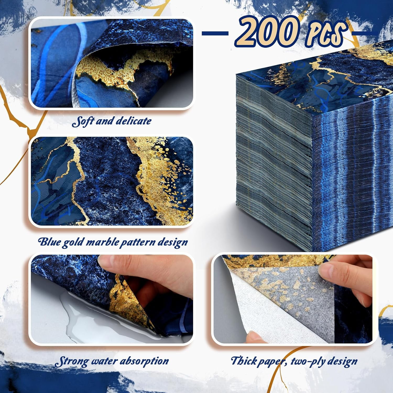 200 Pcs Marble Guest Napkins 2 Ply Disposable Guest Bathroom Paper Napkins Black Gold Marbleized Hand Towels for Home Bathroom Kitchen Table Decor (Blue Gold)