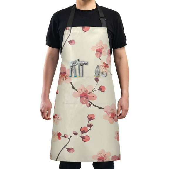 Delicate Cherry Blossoms Kitchen Apron with 2 Pockets Adjustable waterproof Cooking Aprons for Women Men Chef