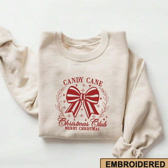 Candy Cane Embroidered Christmas Sweatshirt, Holiday Bow Festive Shirt , Merry Christmas Winter Sweater , Cute Xmas Gift for Women Men